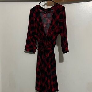 Torrid red and black buffalo plaid stretch knit faux wrap dress.